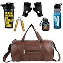 Premium Gym Accessories Combo Set for Men and Women Duffle Gym Bags for Men Workout with Whey Bottle,Gripper,Duffle Bag,Hand Gloves Sipper/Shaker -All-in-One Fitness Gym Kit (Brown+Yellow)