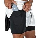 Surenow Mens Running Shorts，Workout Running Shorts for Men，2-in-1 Stealth Shorts， 7-Inch Gym Yoga Outdoor Sports Shorts White
