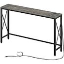 Rolanstar Console Table with Power Outlet, Narrow Sofa Table, 55.1" x 11.8" Farmhouse Table Behind Sofa Couch Hallway Entrance for Living Room, Entryway, Foyer, with Metal Frame,Grey