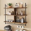 3 Tier Floating Pipe Shelving 115CM Industrial Wall Mounted Ladder Shelf Hanging with Circular Tube with Hooks Wood Display Storage Home Decor Book Shelves for Living Room Kitchen Balcony