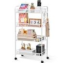 TOOLF 4-Tier Rolling Cart, Metal Utility Cart with 3 Hooks, Easy Assemble Mobile Storage Trolley On Wheels, Slide Out Shelving Units Kitchen Bathroom Laundry Room