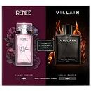 RENEE x VILLAIN Him & Her Premium Eau De Parfum Gift Set 50 ml + 100 ml| Long Lasting Luxurious Perfume Combo for Men & Women| Scent for All Occasions