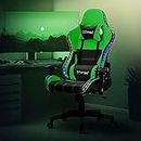 ML-Design Gaming Stuhl mit RGB LED-Beleuchtung & Bluetooth-Lautsprechern, Grün, Kunstleder, Ergonomischer Bürostuhl, Hohe Rückenlehne, Kopfstütze, Lendenkissen, drehbar-verstellbar, Racing Gamer Stuhl