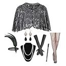 GOHOY 1920s Flapper Accessories Set, Roaring 20s Accessories Women Feather Headpiece Necklace Earrings Long Gloves,Silver Black