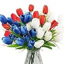 obbsie Patriotic Artificial Tulip Flowers, 13" Fake Red White and Blue Memorial Tulips Bouquet 4th of July Memorial Day Cemetery Flowers Arrangements for Grave Vase Home Party Decor