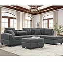 UBGO Sectional, L Shape Modular Storage Ottoman & Chaise, Comfy Oversized Corner Sofa Cup Holder,Fabric Living Room Furniture Couch Sets, Gray Linen