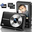 Digital Camera with 32G Micro Memory Card 1080P Camera for Kids 44MP Compact Digital Camera Photo Camera Digital Camera Cheap with 2.4" Screen and 2 Battery for Girls, Boys, Beginner-Black