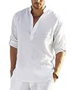 COOFANDY Men's Casual Long Sleeve Henley Shirts Cotton Linen Premium Beach T-Shirt White