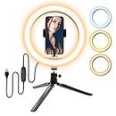 AHPOUN Selfie Ring Light, 10” LED Ring Light with Tripod Stand and Phone Holder, 11 Level Brightness Dimmable Fill Light with 3 Color Options for Make Up, TikTok, YouTube Video, Live Streaming