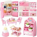Hiboom 66 Pcs Dollhouse Furniture Kitchen Play Set Doll House Furniture and Accessories Set Miniature Kitchen Accessories Outdoor Indoor Play Kitchen Set Kitchen Toy Set for Role Play, Pink and White