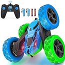 Remote Control Cars for Kids, Stunt RC Cars with 4WD Double-Sided Driving 360° Flips Rotating, Remote Car Toys for Boys Christmas Birthday Gifts - Blue&Green