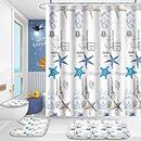Poedist 4 Pcs Bathroom Shower Curtain Set,Kids Bathroom Sets with Rugs(Bath Mat,U Shape and Toilet Lid Cover Mat) and 12 Metal Hooks,Simple Submarine Elements