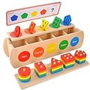 Yolesty Montessori Wooden Color & Shape Learning Matching Sorting Box with Stacking Toys & 12 Answer Cards, Early Educational Block Puzzles Toddler Toys for Boys Girls Kids Baby Gift for 12+ Months