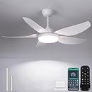 Kviflon 46 Inch Ceiling Fans with Lights and Remote/APP Control,Modern Downrods Flush Mount Ceiling Fan with 5 Reversible Blades 6 Speeds, 3 Colors Dimmable for Bedroom Kids Room, White