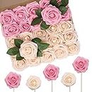 N&T NIETING Artificial Flowers, 50pcs Real Touch Faux Rose Bulk with Stems for DIY Wedding Bouquets Bridal Shower Centerpieces Floral Arrangements Party Home Decor, Pink Rose & Champagne Rose