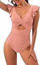 Women's Ruffled One-Piece Swimsuits V Neck, Tummy Control Cutout High Waisted Bathing Suit, Wrap Tie Back Swim Suits for Women, Push Up Twist Front Swimwear (X-Large,Pink)
