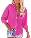 siliteelon Womens Button Down Shirts Cotton Dress Shirts Long Sleeve Blouses V Neck Solid Casual Tunics Tops with Pockets - Hot Pink M