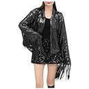 Duohropke Women's Sequin Tassels Jacket Glitter Tinsel Fringe Hem Disco Theme Party Coat Y2k Streetwear Casual Jackets Outwear, black, One size