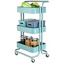 SortWise 3-Tier Rolling Utility Cart, Multifunctional Metal Storage Cart Organizer with 2 Lockable Wheels for Bathroom, Kitchen, Laundry Room and Office Storage, 17" x 14" x 33", Turquoise