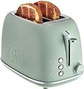 Rae Dunn Retro Rounded Bread Toaster, 2 Slice Stainless Steel Toaster with Removable Crumb Tray, Wide Slot with 6 Browning Levels, Bagel, Defrost and Cancel Options (Sage)