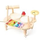 Kids Drum Set for Toddlers Baby Music Instruments 7 in 1 Montessori Preschool Musical Toys Children Drum kit Xylophone Tambourine Birthday Gifts for Boys and Girls Natural Wooden Music Kit