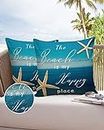 Outdoor Pillow Covers Waterproof, The Beach is My Happy Place Sea Level All Weather Cushion Case Set of 2, Ocean Blue Ombre Decorative Pillowcases for Sofa Couch Bed Decor Patio Furniture 26"x26"