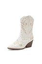 ANJOUFEMME Cowboy Boots Woman Cowgirl Western Boots For Women Embroidery Mid Calf Pointy Toe Country Fashion Womens Shoes Women's Chunky Heel Wide Calf Pull-on Best Boots For Women WHITE 8
