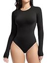 YIANNA Crew Neck Long Sleeve Bodysuit for Women Second-skin Feel Thong Body Suits Tops,YA5275-Black-M