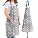 XCOZU Grey Star Kitchen Aprons for Women, Cotton Canvas Chefs Apron Cooking Aprons for Adults, Girls Ladies Aprons with Pockets for Home Kitchen Garden Restaurant Cooking Baking