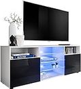 ExtremeFurniture T38 Meuble TV, Carcasse en Blanc Mat/Façade en Noir Brillant + LED Bleues