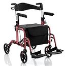 Goplus 2 in 1 Rollator Walkers for Seniors with Seat, 8-inch Wheel Medical Drive Walker Wheelchair Combo with Backrest, Height-Adjustable Handle, Aluminium Frame, Folding Rollator Walker for Adults