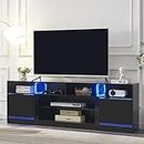 LED TV Stand for 80" TV, Game Console Entertainment Center with Storage Shelves and Media Layers, Modern TV Stand with LED Lights 16 Colors and High Gloss Cabinets for Living Room Bedroom, Black