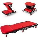 Crystals 2-In-1 Foldable Mechanics Creeper Seat, 150KG Capacity Convertible Padded Seat Rolling Car Creeper with Six 360 Wheels, Heavy Duty Roller Garage Seat for Garage Workshop, Red (40 Inch)