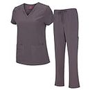 Natural Uniforms Women's Cool Stretch V-Neck Top and Cargo Pant Set, Charcoal, Small-Petite