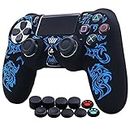 HLRAO Laser Engraved Dragon Silicone Case Skin Case (Radiation) for PS4/Slim/Pro Controllers x 1 with Pro Thumb Grips x 10.