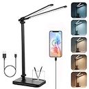 rigors Desk Lamp,Double Head LED Desk Light with USB Charging Port,Eye-Caring Foldable Touch Control Reading Lamp with 5 Color Modes & 10 Brightness Levels Dimmable Desk Lamp for Home Office