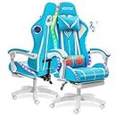 RGB Gaming Chair with Bluetooth Speakers and LED Lights Cute Massage Computer Gaming Chair with Footrest High Back Music Video Game Chairs with Lumbar Support for Kids Girl Kawaii Light Blue and White