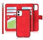 iCoverCase iPhone 11 Wallet Case with Card Holder, 2 in 1 PU Leather Case with Magnetic Clasp Zipper Pocket Shockproof Detachable Flip Case with Wrist Strap for iPhone 11 (Red)