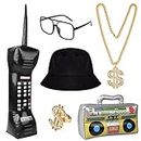 Hotusi Hip Hop Costume Kit Bucket Hat Sunglasses Inflatable BoomBox Phone Dollar Sign Chain 80/90s Party Supply Cosplay Props