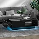 Artiss Coffee Table LED Side Tea Tables Storage Drawers, Home Furniture Living Room Office, with Drawer Rectangular High Gloss Display Shelf Black Wooden Particle Board Easy Assembly