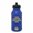 DISCOUNT PROMOS Custom 20 oz. Water Bottles with Push Cap Set of 100, Personalized Bulk Pack - Perfect for Gym, Hiking, Camping, Outdoor Sports - Reflex Blue