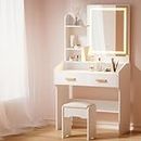 Artiss Dressing Table, LED Mirror Makeup Stool Set Wooden Vanity Desk Chair, Home Bedroom Furniture Girls Kids Women Organisers, Drawers Shelves Wide Tabletop White