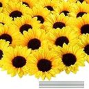 Coferset 40pcs Fake Sunflower Heads with Stems, 4" Sunflower Artificial Flower Heads,Silk Sunflowers Heads for Party Baby Shower Wedding Decoration DIY Handicrafts Thanksgiving Decor (Yellow)