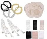 PLUMBURY® Lingerie Accessories For Women Pack Includes Bra Strap Convertor Clip, Nipple Stickers,Transparent Straps, Bra Hook Extender-2-Hook & 3- Hook