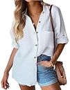 Hotouch Womens White Linen Shirt Button Down Casual Long Sleeve Loose Fit Cotton Work Blouse Tops with Pocket White XL