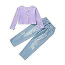 Toddler Baby Girl Clothes Manica lunga a costine Crop Top Strappato Denim Pant 2 pezzi Autunno Bambino Outfit Set Viola 130 6-7 anni
