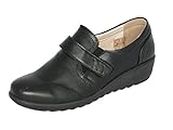 Cushion Walk EEE Wide Fitting Women's Ladies Lightweight Black Leather-Lined Touch Fastening Low Wedge Shoes, Casual Work Office Comfort Shoes (Black, Numeric_6)