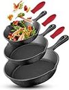 Cast Iron pan 3-Piece Set, Cast Iron Skillets, Pre-Seasoned Nonstick Skillets - 10", 8" and 6" with Silicone Handles, Black Cast Iron Skillets