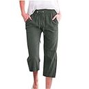 SMIDOW Pantalones capri para mujer, estilo casual 2023, con cordón elástico, cintura alta, pantalones de lino rectos y pierna ancha, #09 Verde Ejército, X-Large