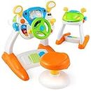 Costzon Steering Wheel Toy, Pretend Play Driving Simulated Toy w/Light and Music, Cyclic Rotary Scene, Siren Sounds, Walkie-Talkie, Stool, Interactive Learning Educational Toy for Toddler Boys Girls